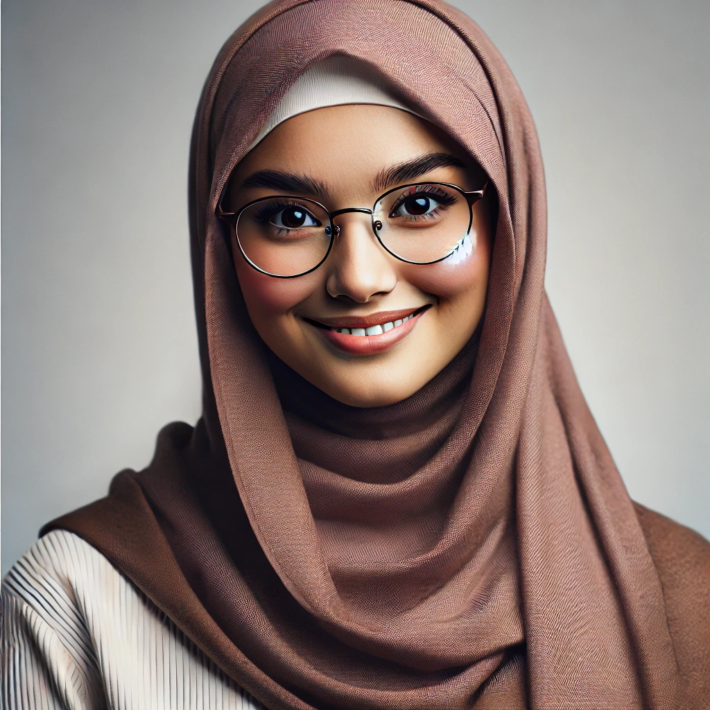about us 11 DALL·E 2024-12-16 20.01.16 - A realistic portrait of a young Muslim woman in her late twenties with long brown hair covered by a modest hijab. She is wearing simple glasses and sm
