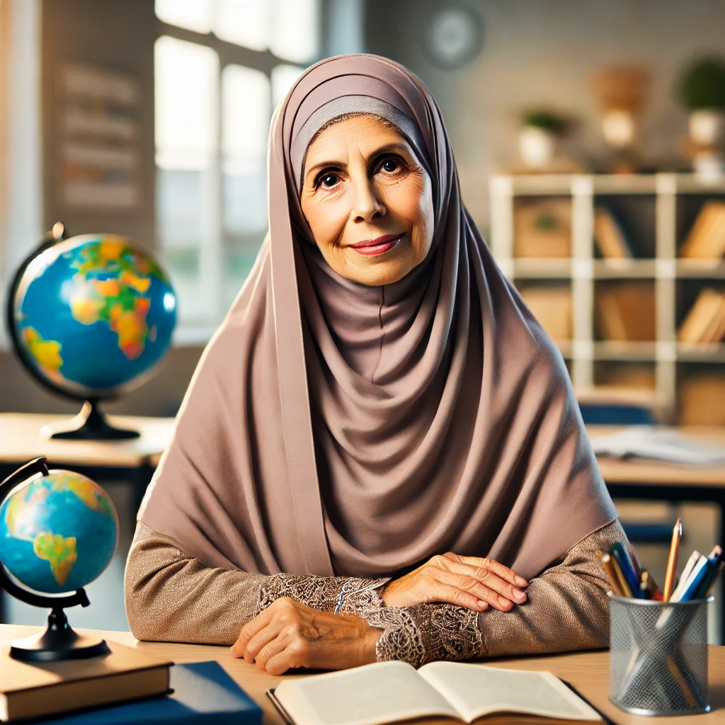 about us 10 dall·e 2024 12 27 01.39.29 an elderly muslim woman teacher wearing a traditional hijab and abaya sitting at a desk with educational materials like books and a globe in a warm